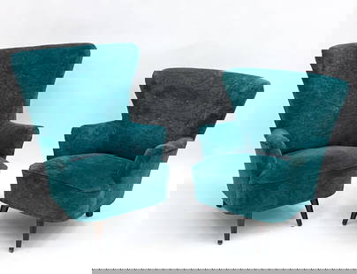 (2) DUTCH THEO RUTH HIS & HERS VELOUR ARMCHAIRS: His and hers Theo Ruth armchairs for Artifort, Circa 1950S. In dark teal tone upholstery. Dimensions: (Largest) H 38.5" x W 31" x D 35" Seat height: 16" Condition: Wear to armrest upholstery, consiste