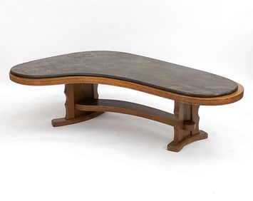 BRUTALIST OAK & STONE COFFEE TABLE C. 1970'S