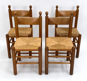DUTCH BRUTALIST OAK & RUSH DINING CHAIRS C. 1960