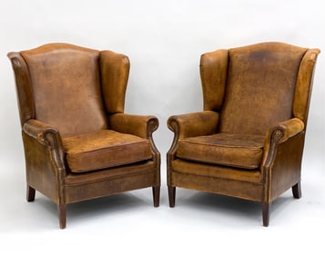 PAIR OF LEATHER WING BACK LOUNGE CHAIRS C.1950'S