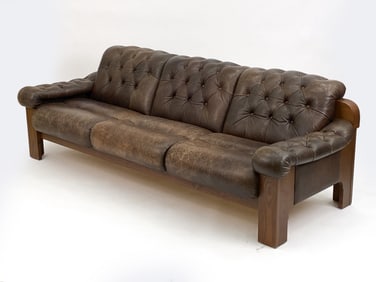SWEDISH BRUTALIST LEATHER & OAK SOFA C.1970'S