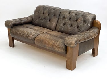 SWEDISH BRUTALIST LEATHER & OAK LOVESEAT C.1970'S