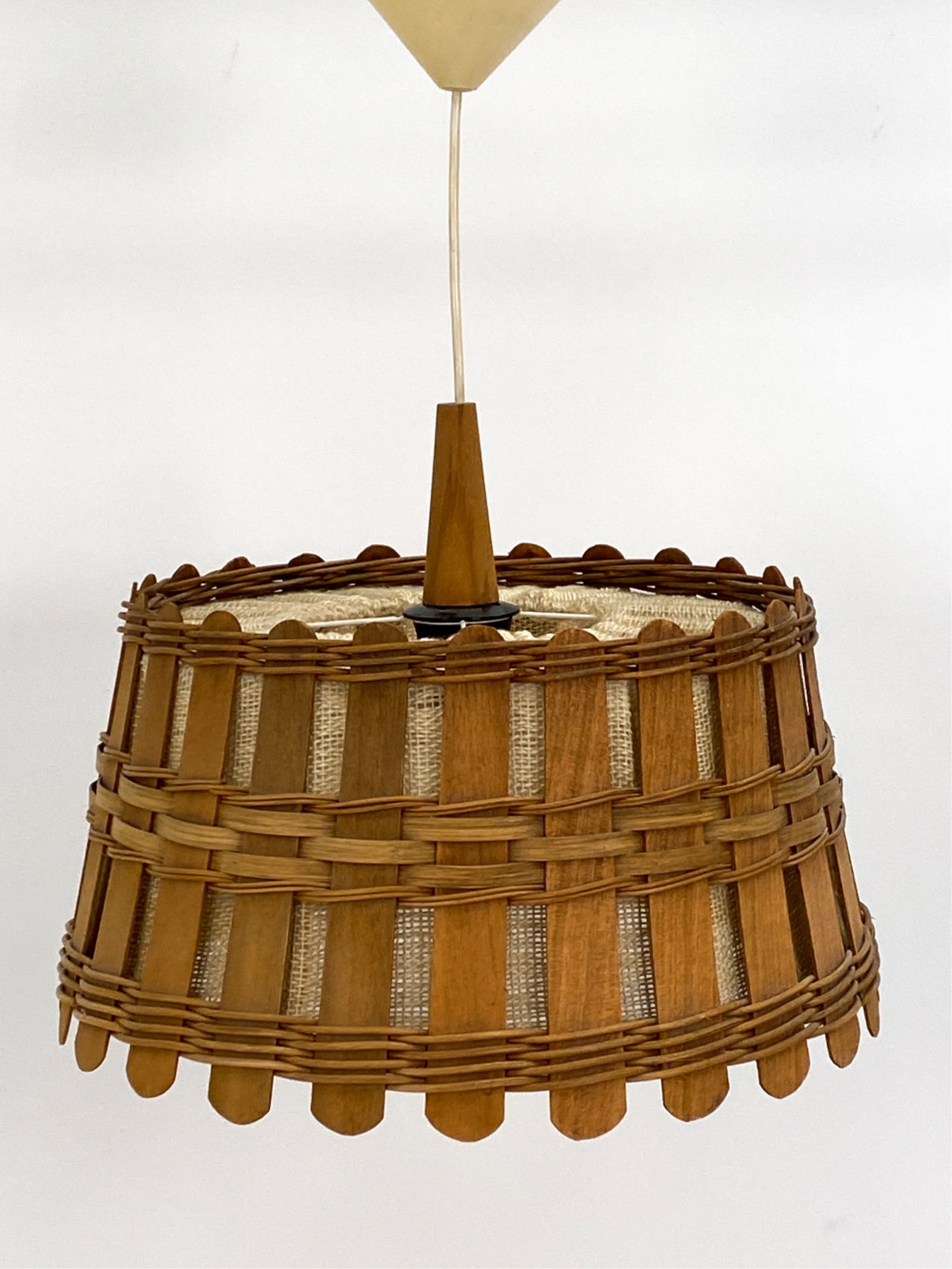 DUTCH TEAK & LINEN CEILING PENDANT LAMP C.1960'S (1 of 7)