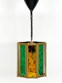 DUTCH BRUTALIST BRASS & GLASS PENDANT LIGHT 1970S