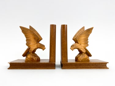 OBERAMMERGAU CARVED OAK EAGLE BOOKENDS C1970'S