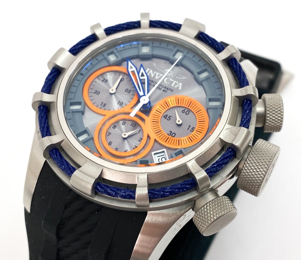 INVICTA BOLT SPORT CHRONOGRAPH MENS WATCH: Featuring a 50mm stainless steel case with a French flame-fusion quartz crystal movement, and a silicone band. Includes instructions manual and an Invicta case. Marked on face and underside. Model num