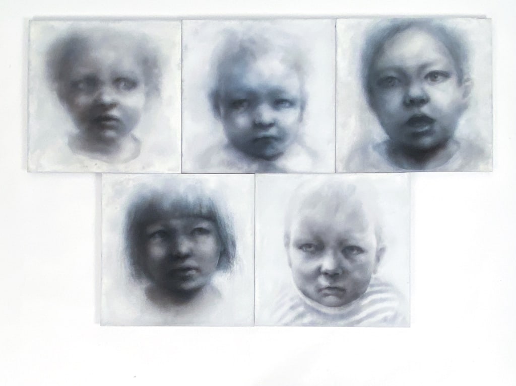 (5) RIEKO FUJINAMI 20TH C. INFANT MIXED MEDIA: Signed to backsides. Boards: H 24" x W 24" Condition: Marks and nicks and minor surface soiling to boards.
