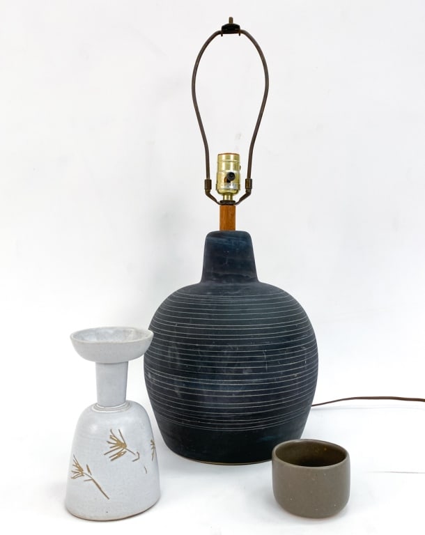 JANE & GORDON MARTZ POTTERY GROUPING: Mid-Century Jane & Gordon Martz grouping includes rare Martz M116 candle holder, a Martz M341 pottery cup signed under & a Martz black matte finish pottery table lamp (*needs repair); signed on back a
