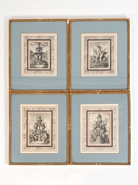 (4) AFTER JEAN LEPAUTRE (1618-1682) ANTIQUE PRINTS: Prints of various fountains. Framed in gilt wood frames. Frames: H 20.25" x 17" Sight: H 8" x W 6" Condition: Slight buckling to papers consistent with age and use. Some losses to trim to frames.