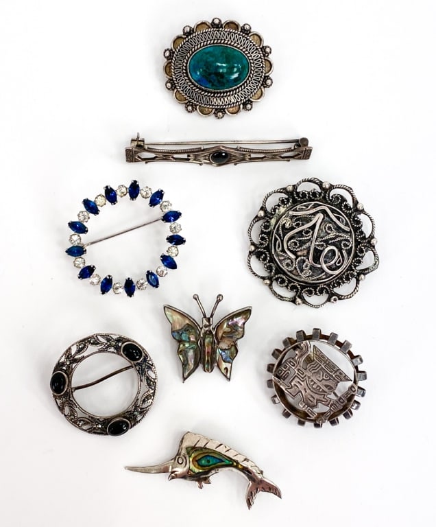 STERLING SILVER BROOCH GROUPING INCL. MEXICAN (1 of 18)