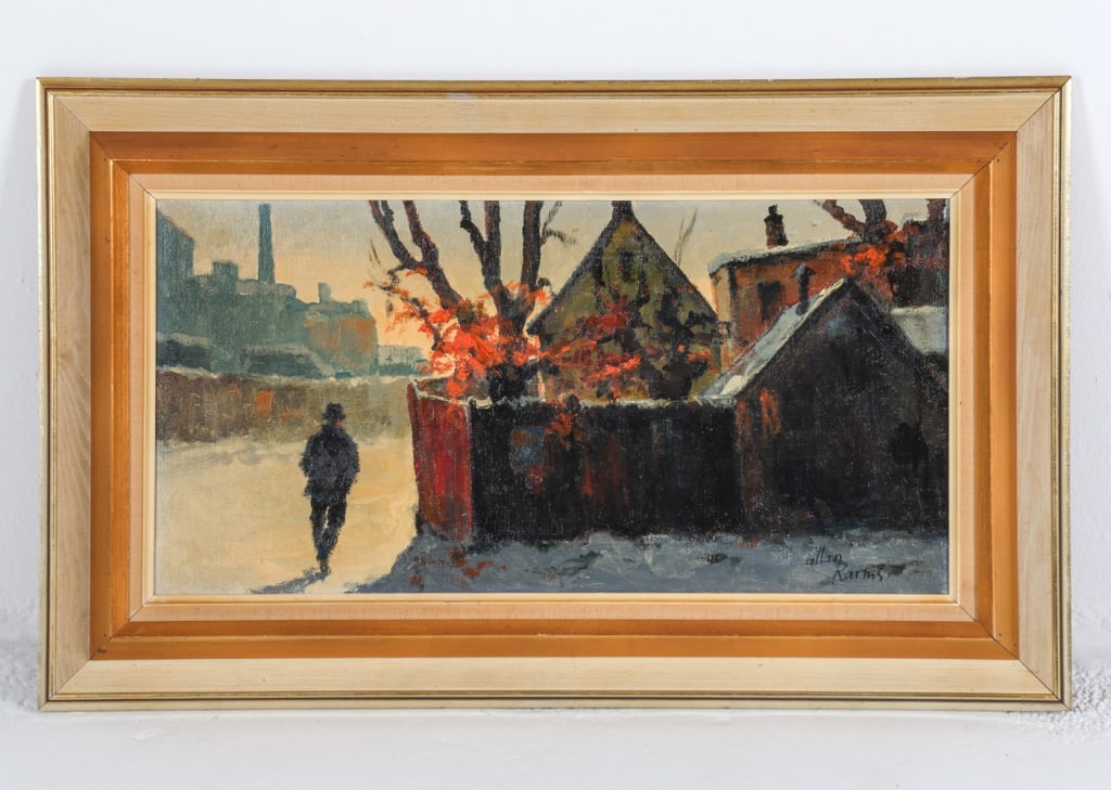 ALLAN KARMS (DANISH 1933-2021) O/C PAINTING: Signed by artist to corner. Framed in gilded wood frame Frame: H 19" x W 30.5" Canvas: H 12.25" x W 24.25" Condition: Minor nicks and rubbing to edges to frame. Painting presents well overall.