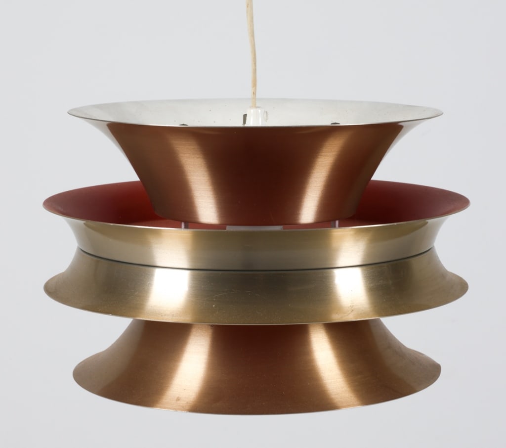CARL THORE STYLE BRASS-TONE PENDANT LAMP: Scandinavian, circa 1960's. Dimensions: H 7.5" x Dia. 11.75". Condition: Untested, Few scuffs, dings, and rubs. Wear consistent with age and use.