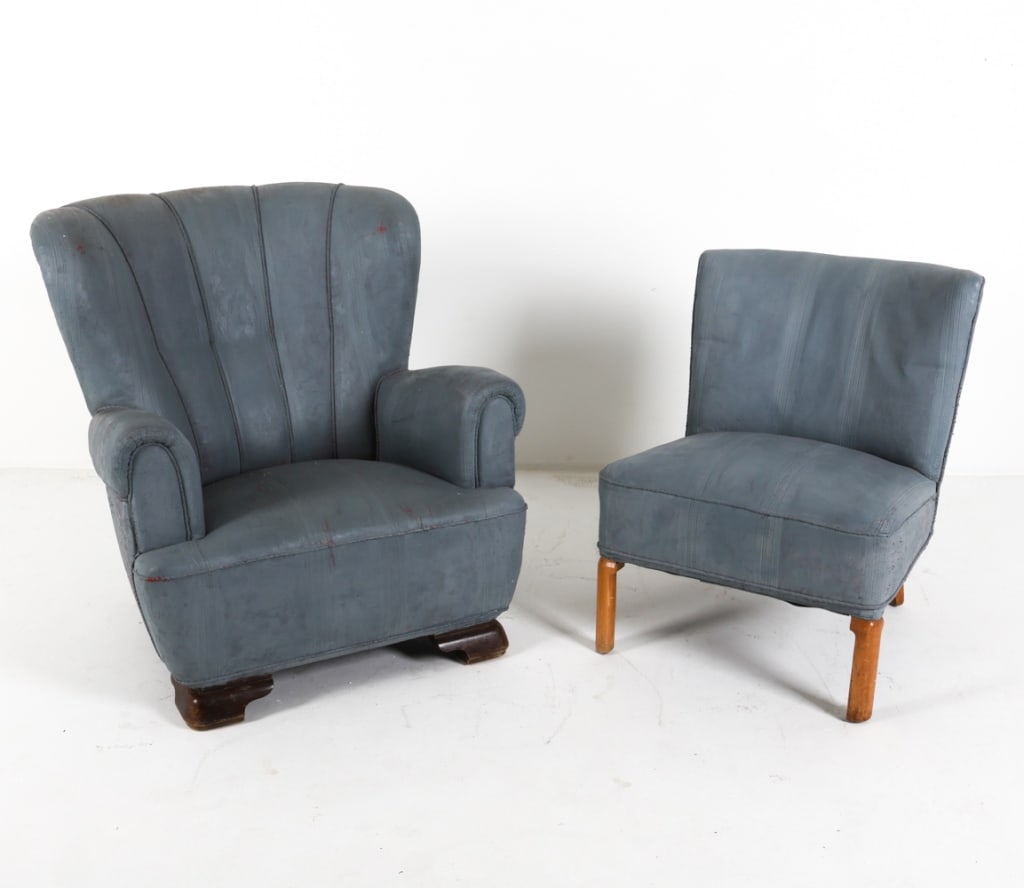 DANISH MID-CENTURY LOUNGE CHAIRS C. 1950'S: His and Hers. Painted Upholsterery. Dimensions: His H 35" x W 32.5" x D 30" x SH 14.5". Hers H 29" x W 24" x D 25" x SH 16.5". Condition: Few rubs and scuffs to painted finish. Reupholstering recommen