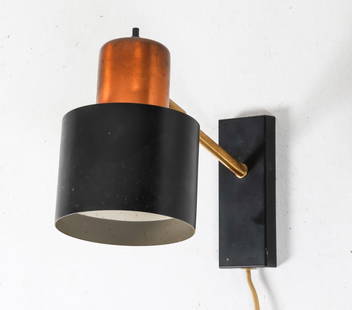 FOG & MORUP 'ALFA' WALL LIGHT C. 1960'S.: Designed by Jo Hammerborg. Brushed copper, painted aluminum, and brass. Denmark. Dimensions: H 6.5" x W 5" x D 8.5". Condition: European plug, Some scuffs and rubs, areas of discoloration to metal. Mi