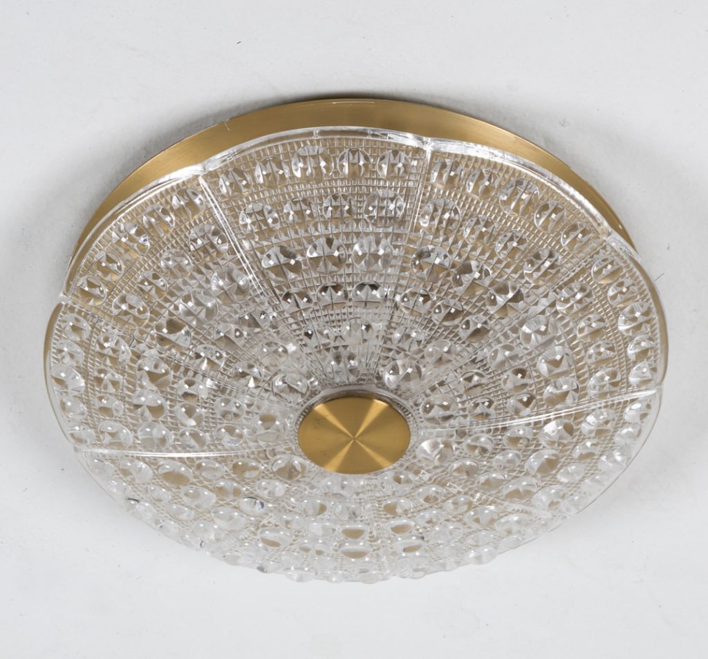 CARL FAGERLUND FOR ORREFORS CEILING LIGHT: For Lyfa and Orrefors. Sweden, circa 1950's. Dimensions: H 4" x Dia. 16". Condition: Few discolored spots on ceiling plate. Wear consistent with age and use.