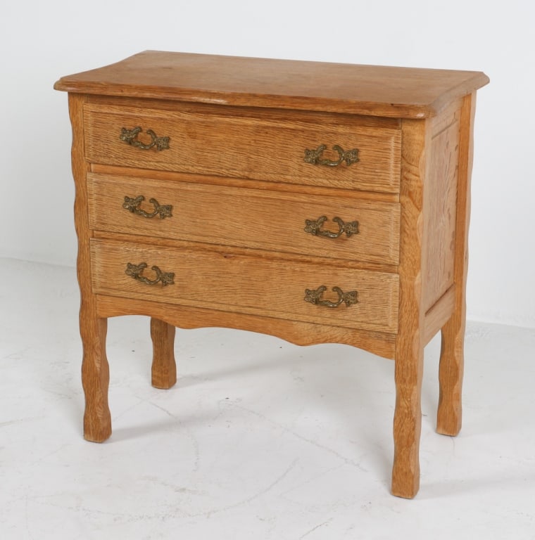 DANISH BRUTALIST OAK NIGHT STAND: With brass fittings. Circa 1970's. Dimensions: H 27.25" x W 27.25" x D 14". Condition: Few spots of discoloration on top. Wear consistent with age and use.