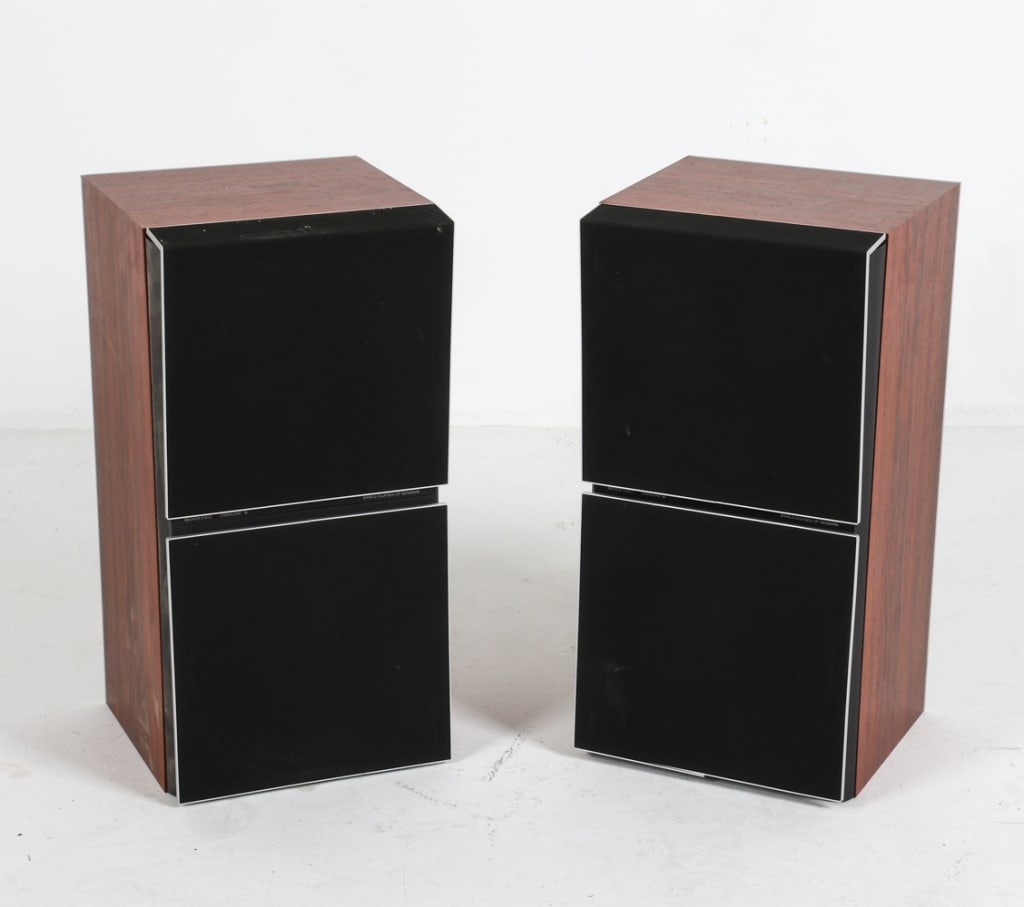 PAIR OF BEOVOX S 80-2 'PERSPECTIVE' SPEAKERS: Designed by Jacob Jensen. Teak veneer cases. Denmark, circa mid 1980's. Dimensions: H 21" x W 10.75" x D 11". Condition: Untested, Wiring not included. Few scuffs and small dings on edges. Wear consis