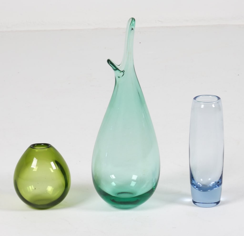 PER LUTKEN FOR HOLMEGAARD ART GLASS GROUPING: Mid 20th century. Dimensions: Tallest H 16" x Dia. 5.25". Condition: Minor scuffs and surface scratches. Wear consistent with age and display.