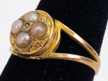 ANTIQUE 18K GOLD, DIAMOND AND PEARL LOCKET RING