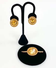 PAIR OF 14KT GOLD & CITRINE EARRINGS AND BROOCH