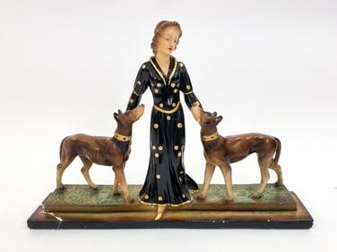 DUTCH ART DECO CHALKWARE FIGURE W/ DOGS C.1920'S