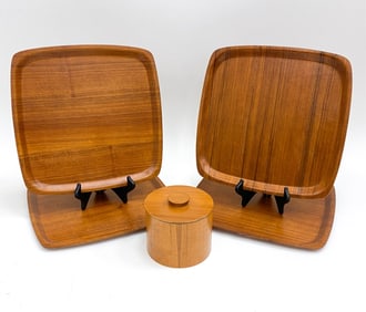 MID-CENTURY TEAK TRAY & CANISTER GROUPING