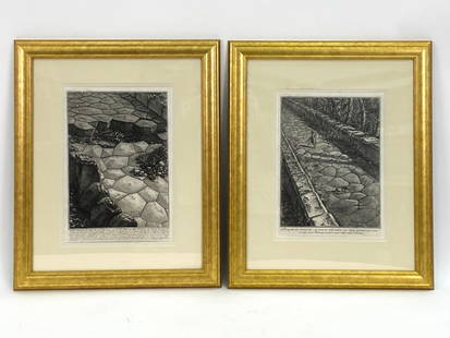 (2) AFTER GIOVANNI BATTISTA PIRANESI PRINTS: "The Appian Way" prints on heavy paper. Plates from Via Appia illustrating Roman road construction. Plate numbers in top right. Dimensions: (Frame) H 23" x W 19" (Sight) H 12.5" x W 10" Condition: Som