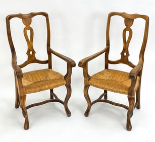 PAIR OF OAK AND RUSH SEAT ARMCHAIRS