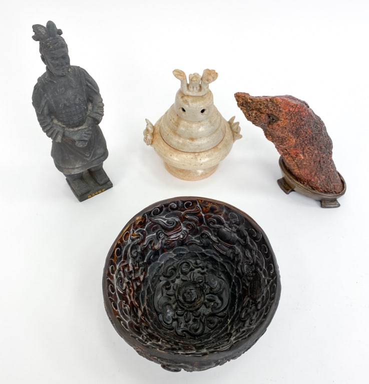 (4) GROUPING OF CHINESE DECORATIVE OBJECTS: Includes a figure statue, a lidded vessel, a coral form resin sculpture on a stand, and a carved bowl. All unsigned/unmarked. Dimensions: (Bowl) H 3" x Dia 6" Condition: Resin sculpture with stress cr