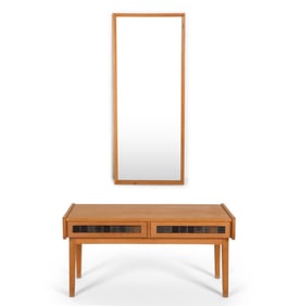 DANISH OAK & TILE HALL CHEST & MIRROR C.1970'S