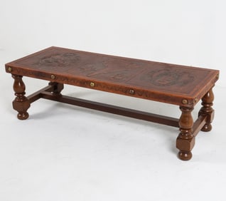 SCANDINAVIAN OAK & TOOLED LEATHER COFFEE TABLE