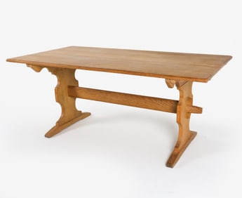 KJAERNULF STYLE DANISH OAK TRESTLE TABLE C.1970'S