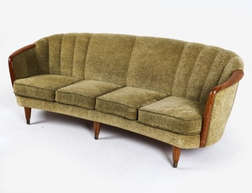 SCANDINAVIAN TEAK MOHAIR CURVED SOFA C.1960'S
