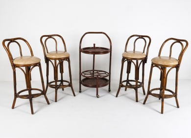 THONET STYLE BAMBOO STOOLS W/ BAR CART C.1970'S