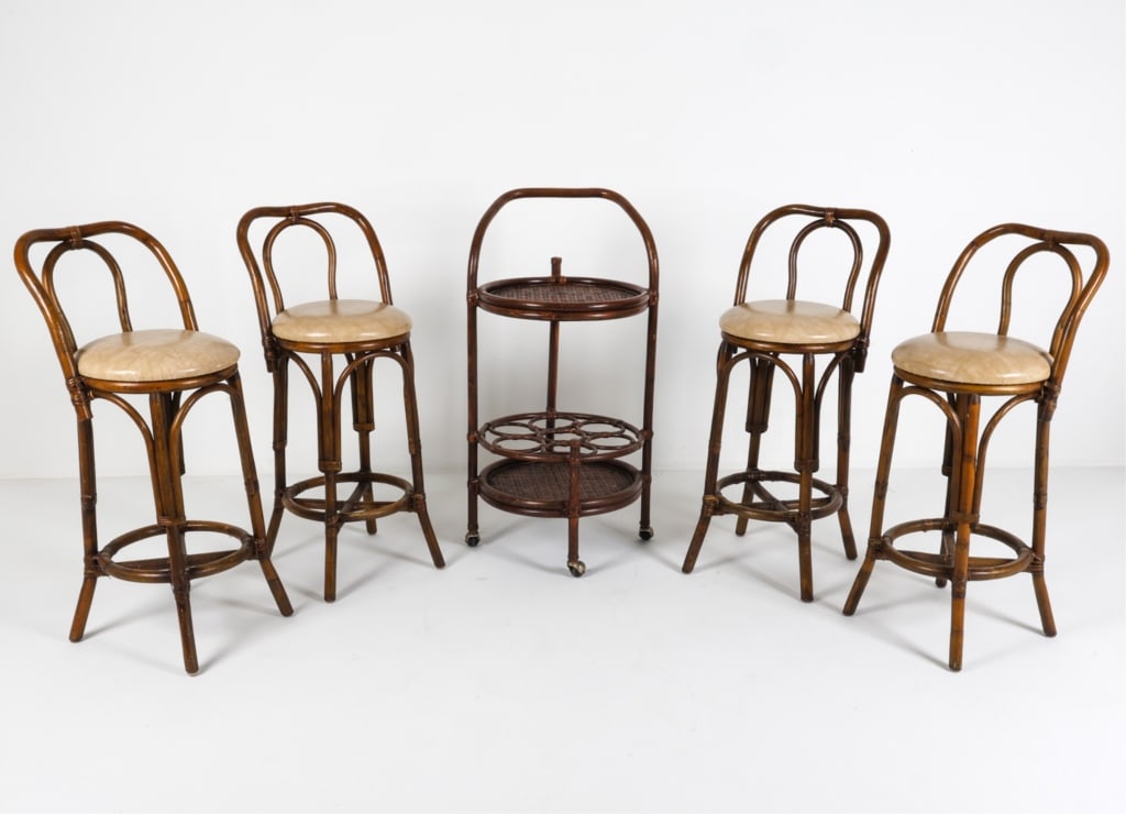 THONET STYLE BAMBOO STOOLS W/ BAR CART C.1970'S (1 of 16)
