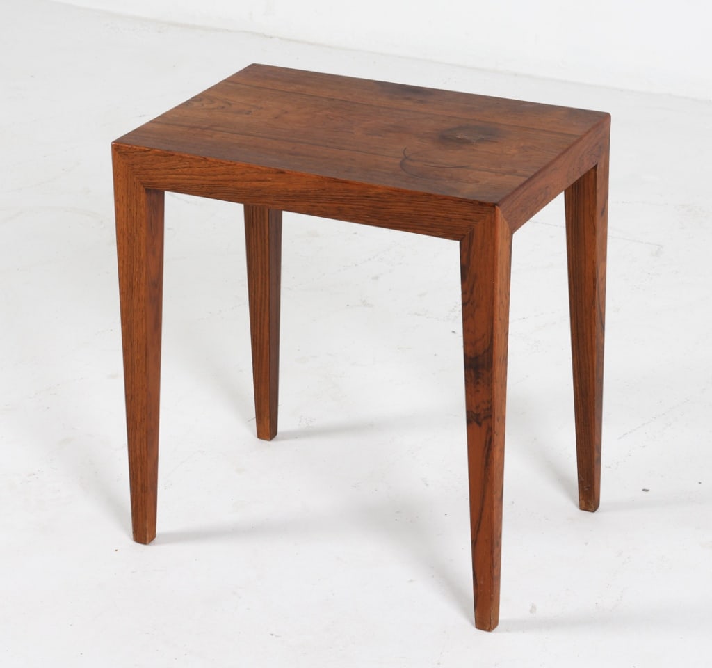 DANISH MID-CENTURY ROSEWOOD SIDE TABLE C.1970'S: Dimensions: H 16.25" x W 14.75" x D 10.25". Condition: Water marks and nicks to table top. Scuffs and scratches consistent with age and use. A048
