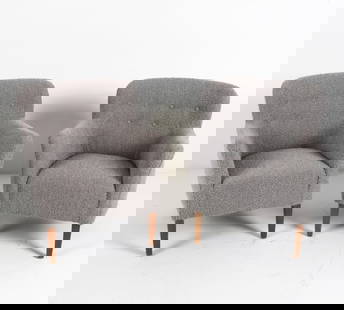 PAIR BIRTE IVERSEN FOR A.J. IVERSEN CHAIRS C.1960: Reupholstered in Grey boucle fabric. Teak legs. Dimensions: H 31" x W 26.5" x D 26" x SH 16". Condition: Scuffs and marks to feet. Wear consistent with age and use. A160