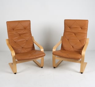 PAIR OF IKEA 'POANG' BEECH & LEATHER LOUNGE CHAIRS