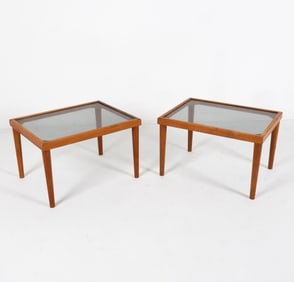 PAIR OF DANISH BEECH & GLASS SIDE TABLES C.1970'S