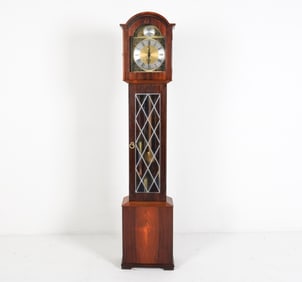 DANISH ROSEWOOD LEADED GLASS TALL CASE CLOCK