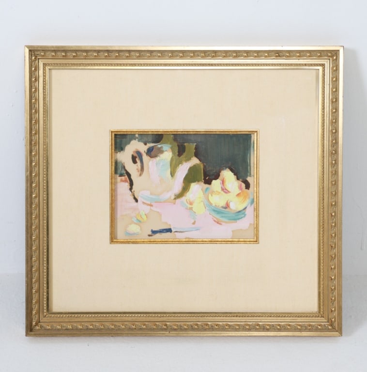 STILL LIFE OIL ON BOARD: Frame: H 13.75" x W 14.75" Sight: H 5.25" x W 6.5" Condition: Minor nicks to edges on frame.