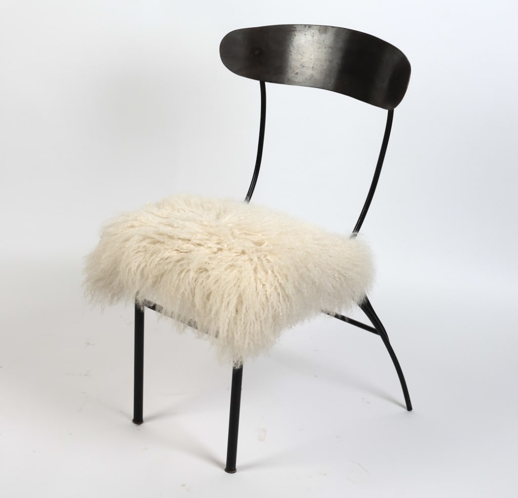 CONTEMPORARY IRON & WOOL SIDE CHAIR: Iron frame with faux wool upholstered seat. Dimensions: H 35" x W 20" x D 22" Seat height 19" Condition: Scuffs and fading to color on back of chair. Minor marks to legs. Wear consistent with age and 
