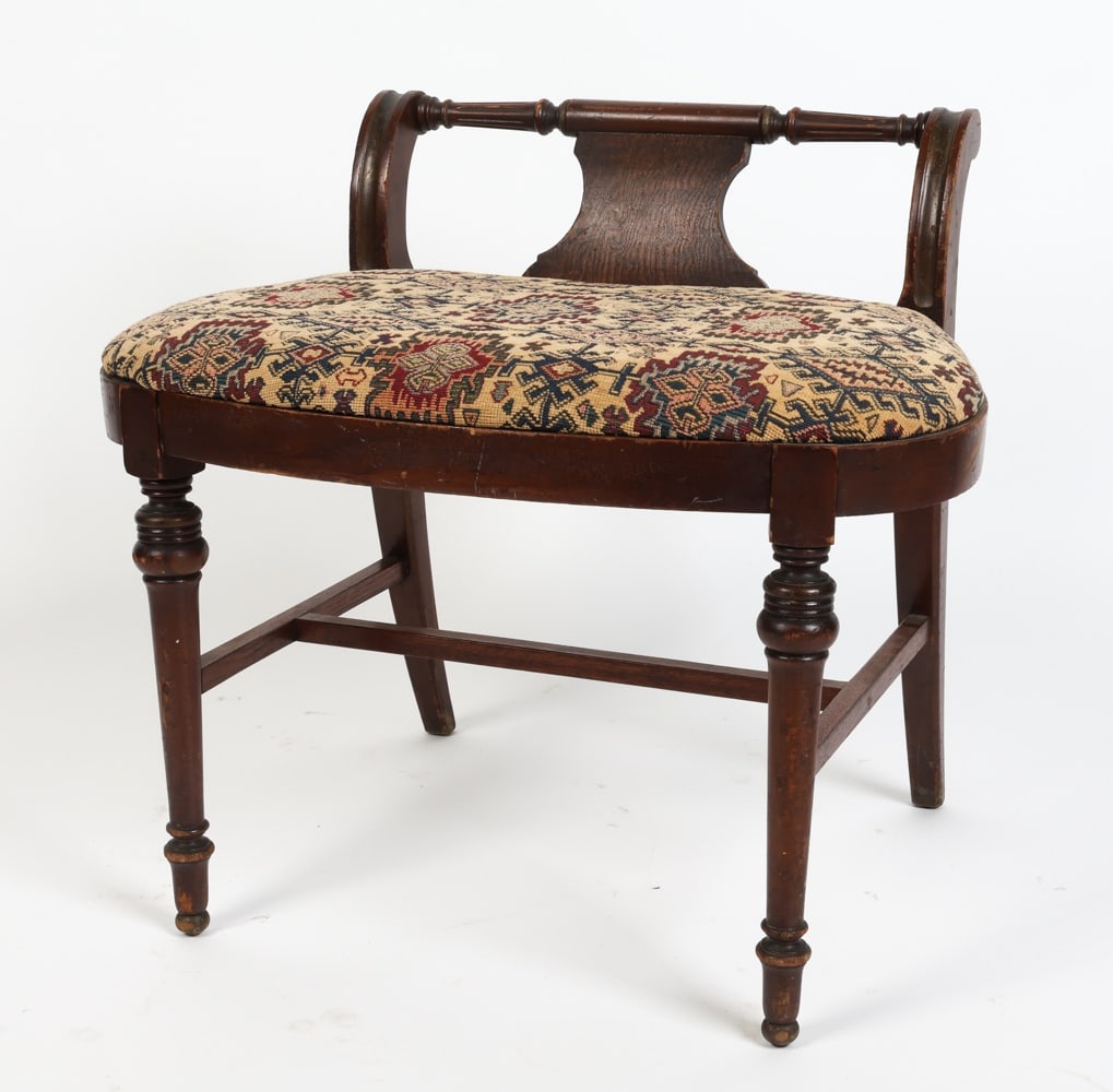 ANTIQUE CARVED MAHOGANY STOOL W/ NEEDLE WORK SEAT (1 of 10)