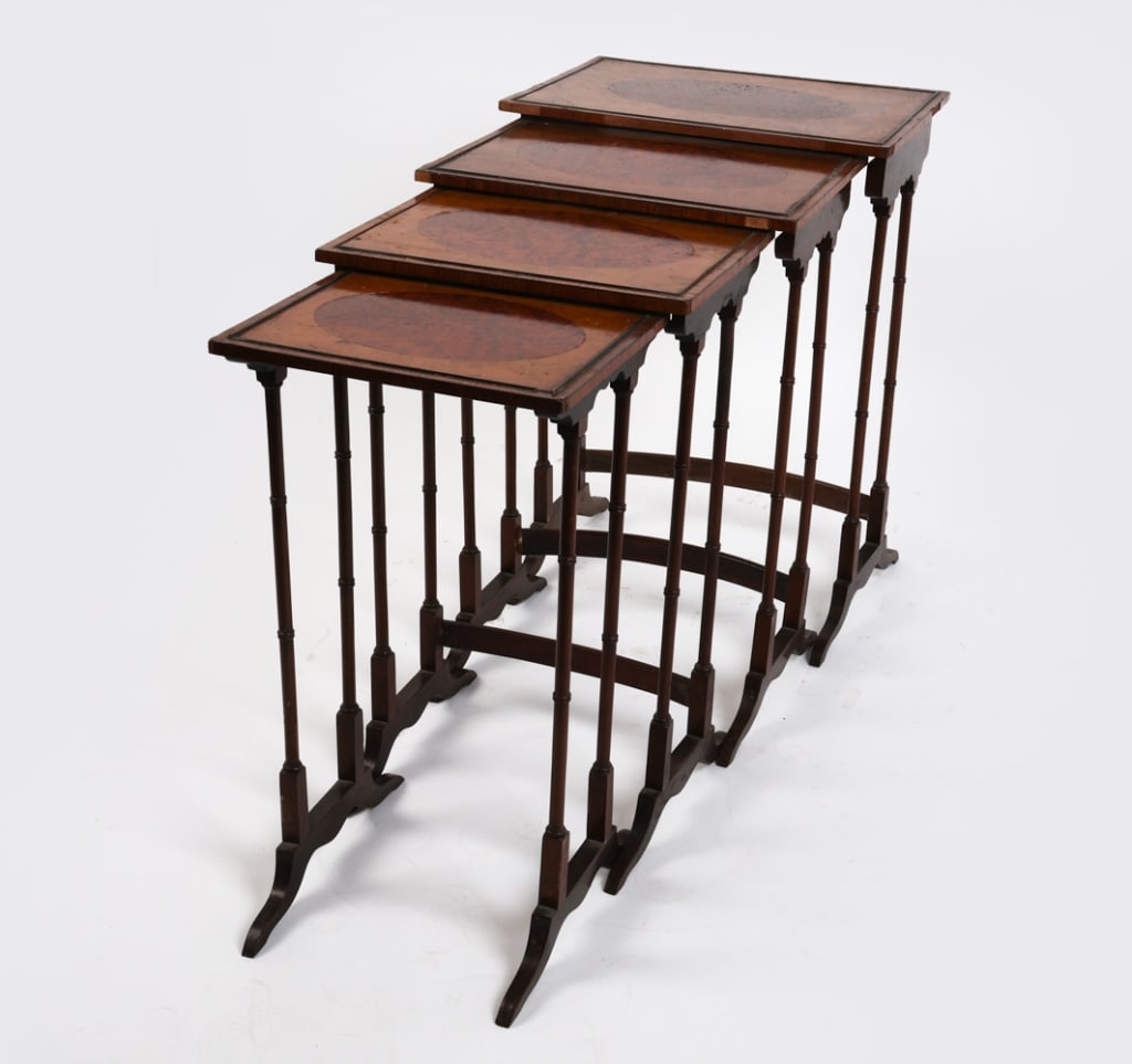 ANTIQUE MAHOGANY AND BURL NESTING TABLES: Includes (4) tables. Mahogany and burl veneer. Bamboo turned legs. Early 20th century. Dimensions: Largest H 27" x W 19.5" x D 13.5". Condition: Minor losses to veneer, mostly on edges. Scattered scuf