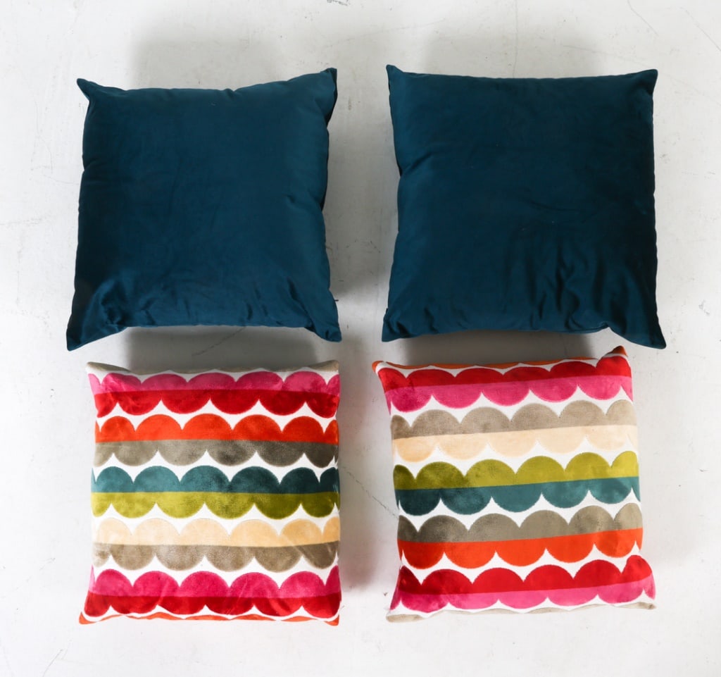 GROUPING OF CONTEMPORARY PILLOWS: Mixed fabrics, including cotton, velvet, etc. Dimensions: Largest H 20" x W 20". Condition: Minor signs of wear consistent with regular use.