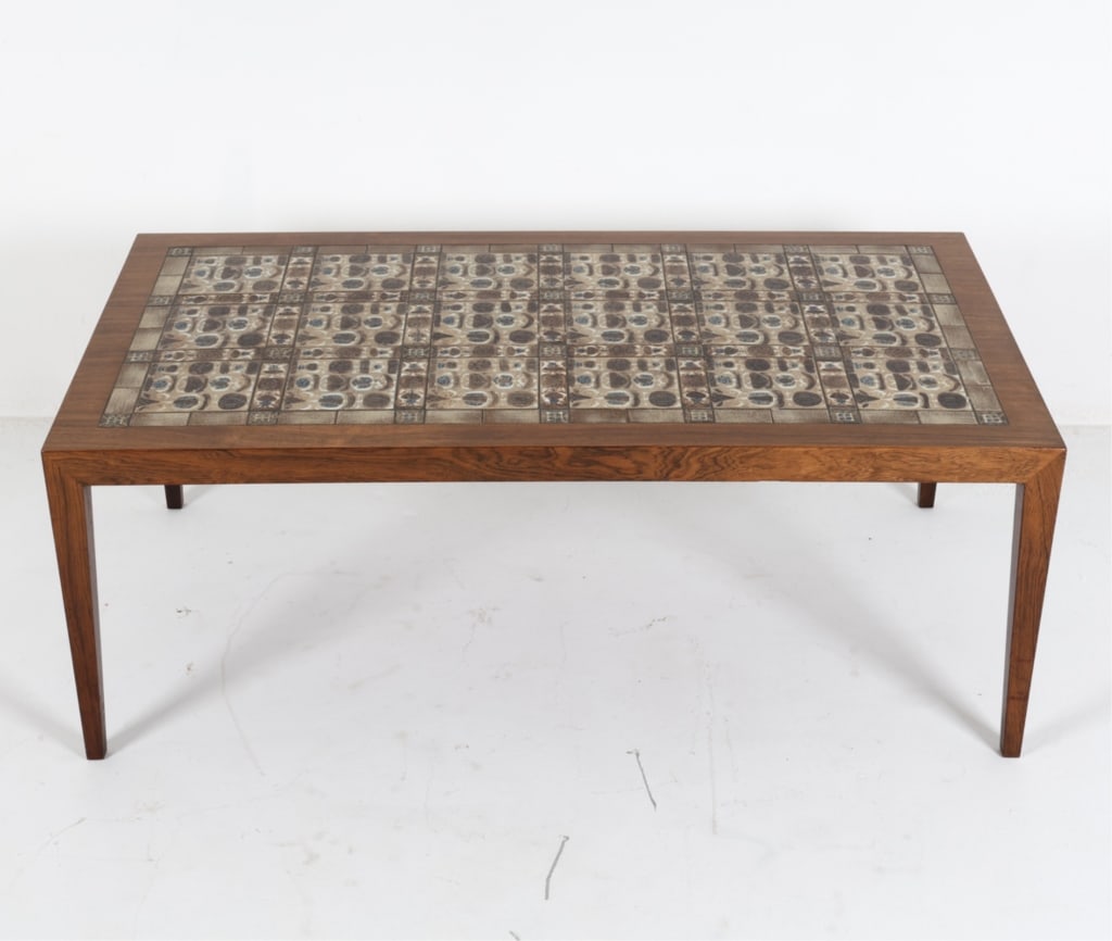 SEVERIN HANSEN ROSEWOOD & CERAMIC COFFEE TABLE: For Haslev. Denmark, circa 1970's. Dimensions: H 19.75" x W 53" x D 29.75". Condition: Minor scuffs and dings, wear consistent with age and use.