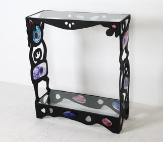 SCULPTURAL IRON & ART GLASS CONSOLE TABLE