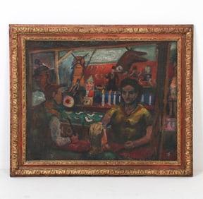 SIGNED EXPRESSIONIST CARNIVAL SCENE O/B