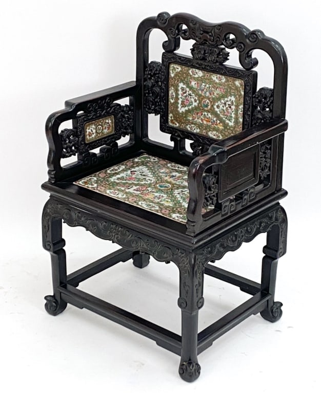 QING DYNASTY HARDWOOD & PORCELAIN "EMPERORS CHAIR" (1 of 15)