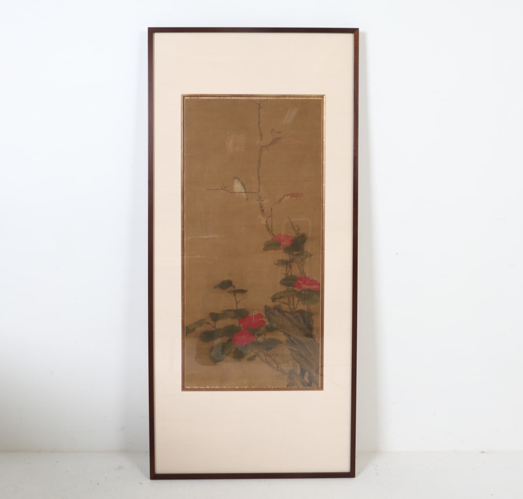 ANTIQUE CHINESE PAINTING ON SILK: Frame: H 61"x W 28" Sight: H 38.75"x W 18.5" Condition: Slight nicks to edges of frame. Fading and losses to surface. Wear consistent with age and use.